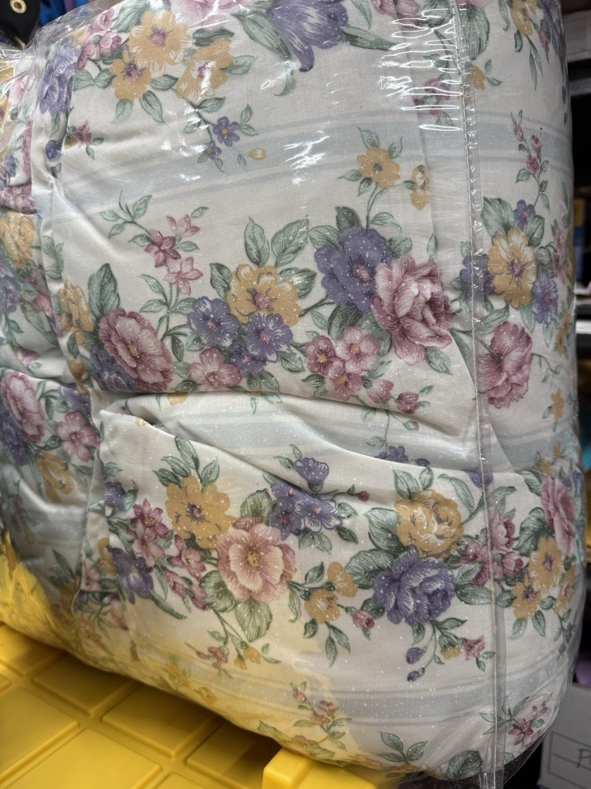 Vtg 90s Springmaid Quilted Comforter KING Floral Stripes FREE SHIP