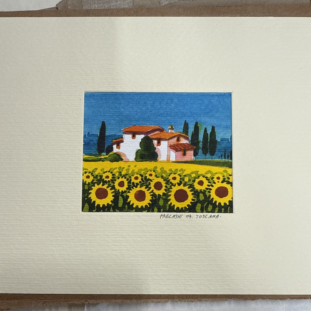 WATERCOLOR ORIGINAL SUNFLOWERS VINEYARDS TUSCANY ITALY SIGNED MINIATURE
