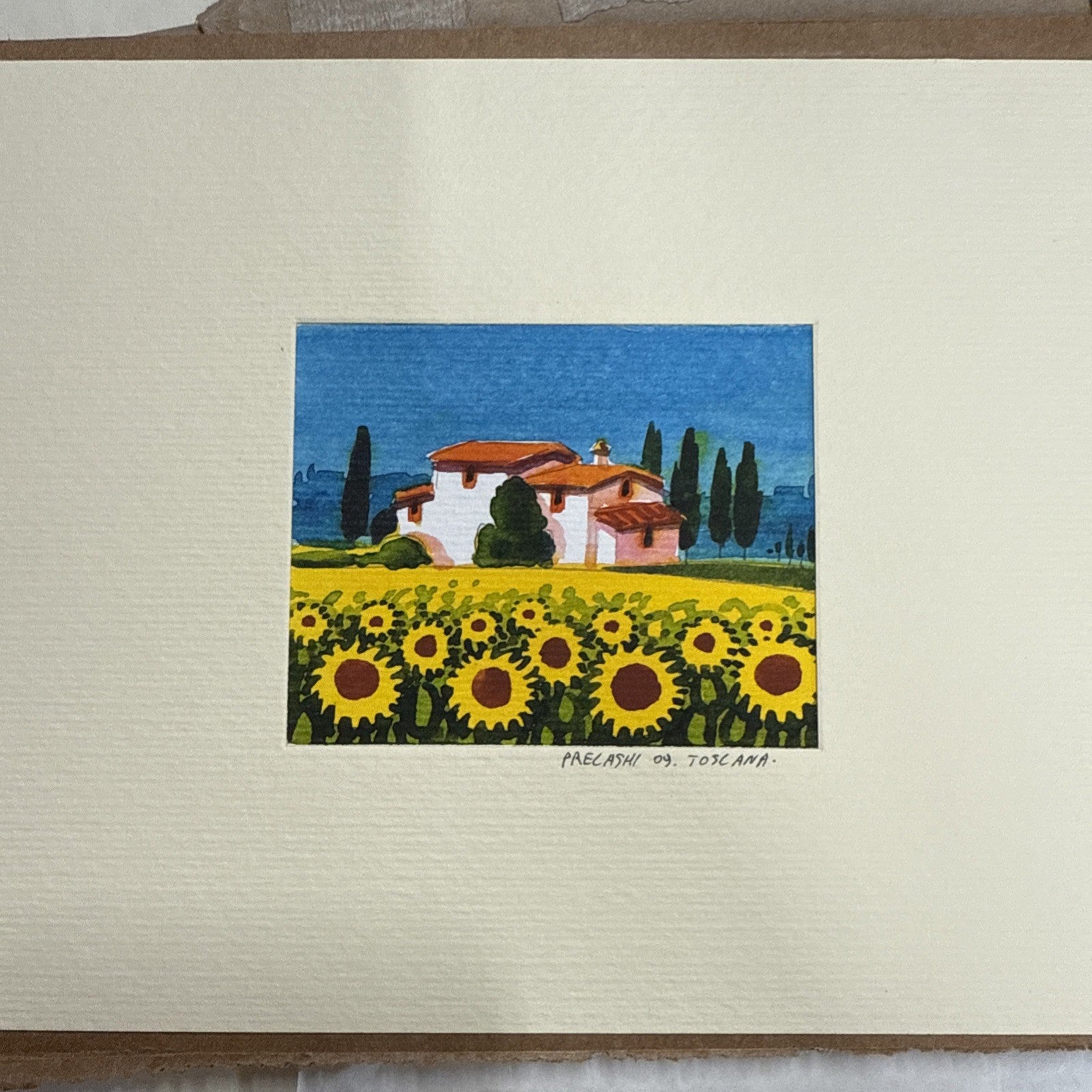 WATERCOLOR ORIGINAL SUNFLOWERS VINEYARDS TUSCANY ITALY SIGNED MINIATURE