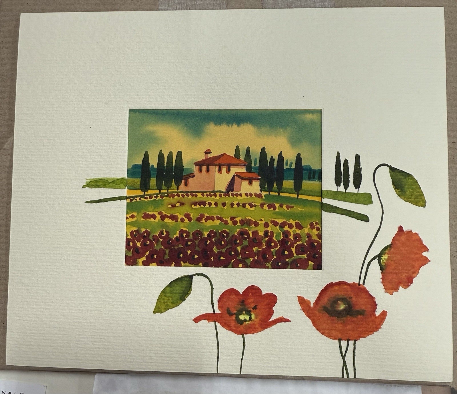 WATERCOLOR ORIGINAL POPPIES VINEYARD TUSCANY ITALY SIGNED MINIATURE