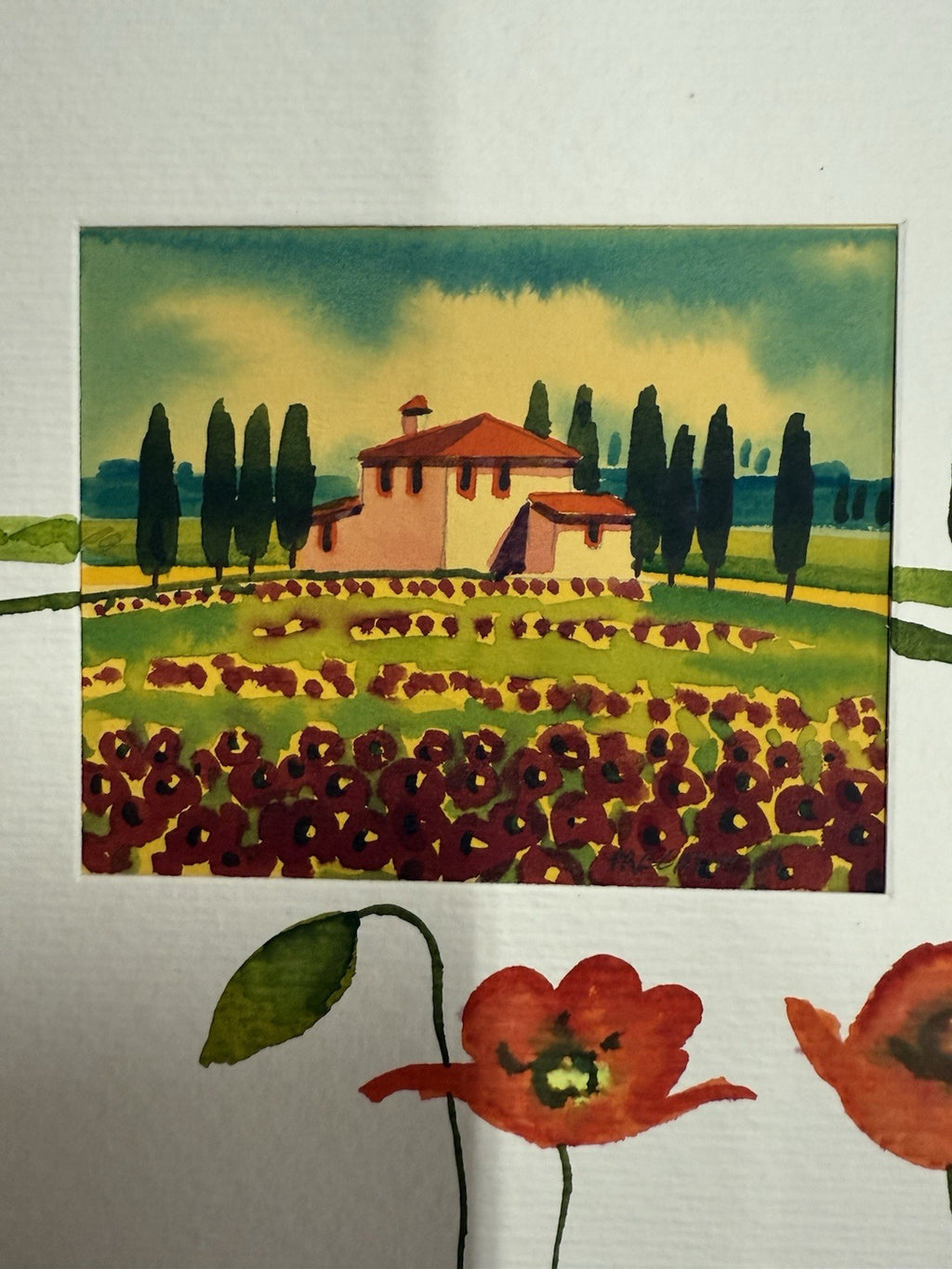 WATERCOLOR ORIGINAL POPPIES VINEYARD TUSCANY ITALY SIGNED MINIATURE