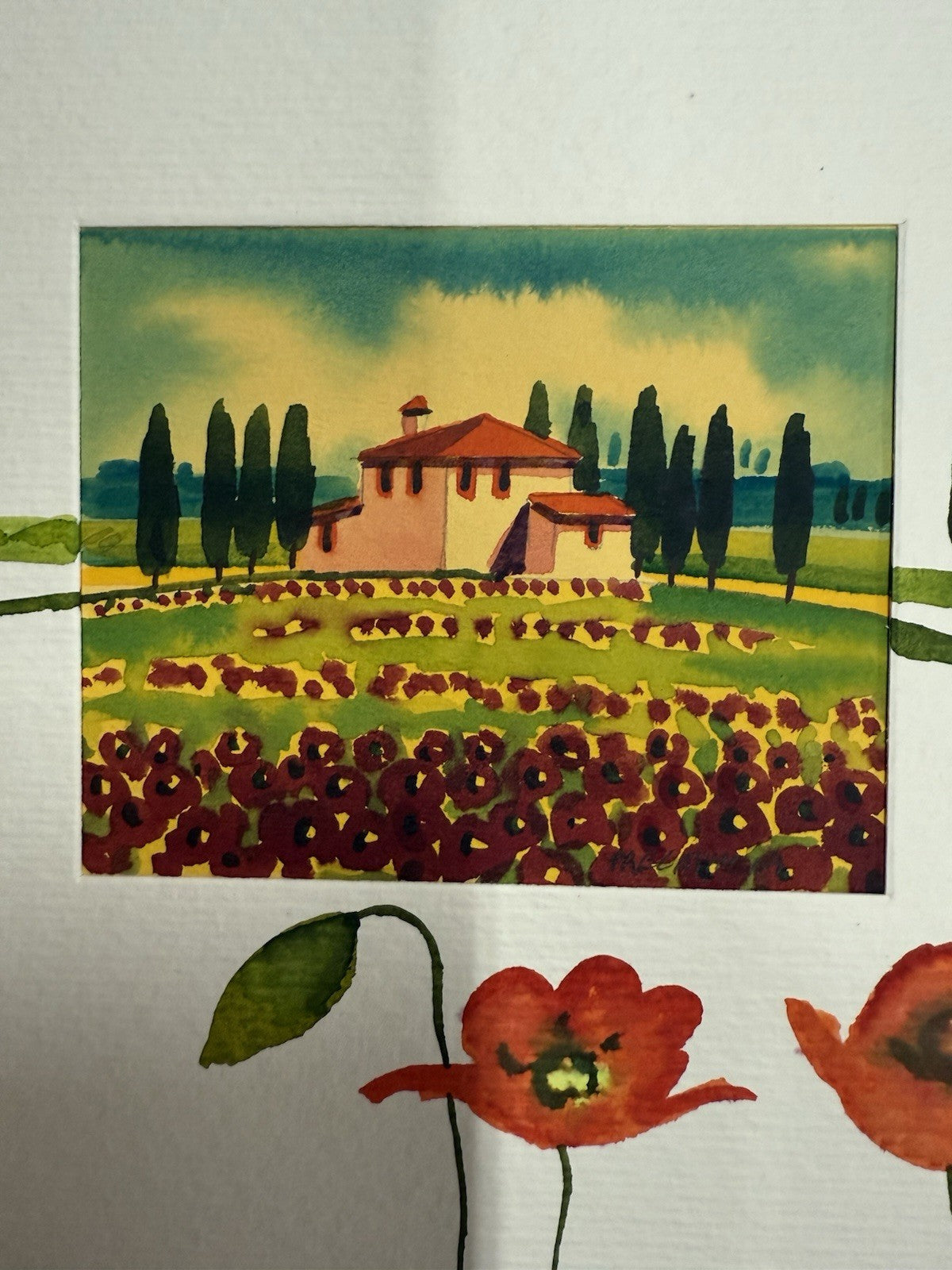 WATERCOLOR ORIGINAL POPPIES VINEYARD TUSCANY ITALY SIGNED MINIATURE