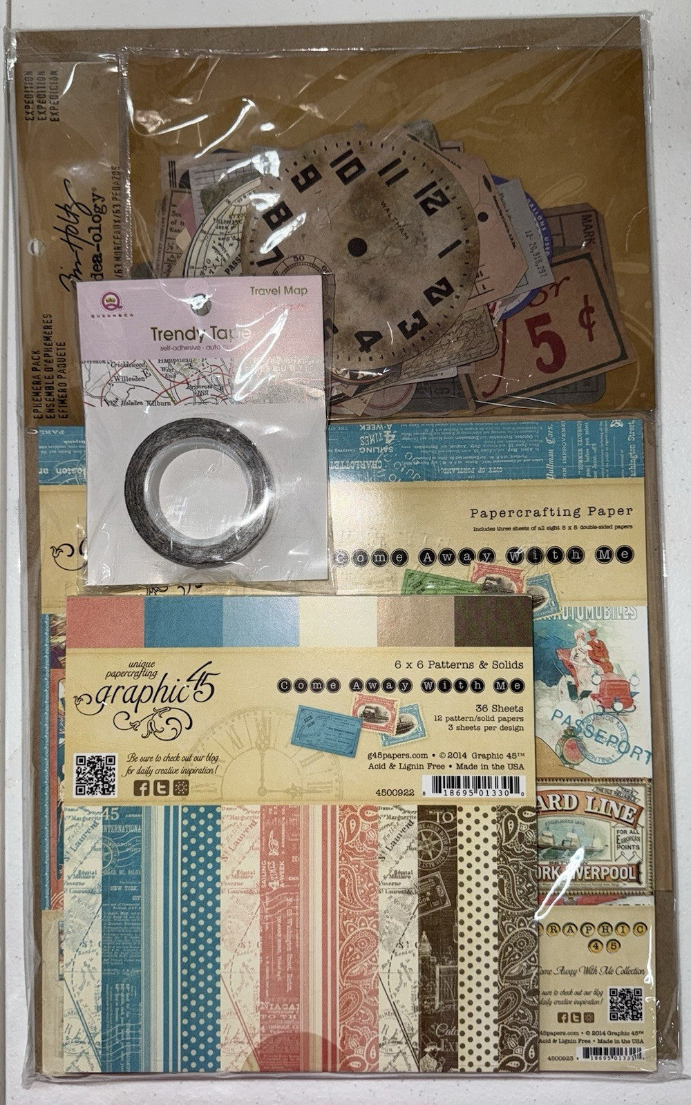 RARE 2014 Graphic 45 Come Away with Me 8x8 & 6x6 Travel Scrapbook Kit Tim Holtz