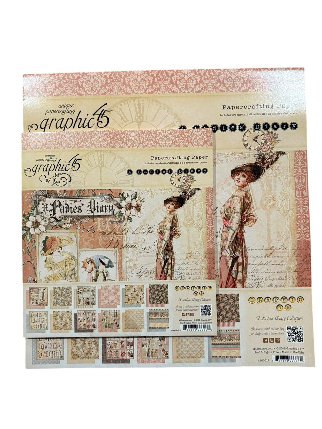 RARE Retired GRAPHIC 45 A Ladies’ Diary 12X12 & 8x8 Scrapbook Paper Sets