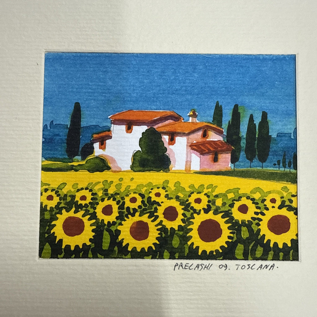 WATERCOLOR ORIGINAL SUNFLOWERS VINEYARDS TUSCANY ITALY SIGNED MINIATURE