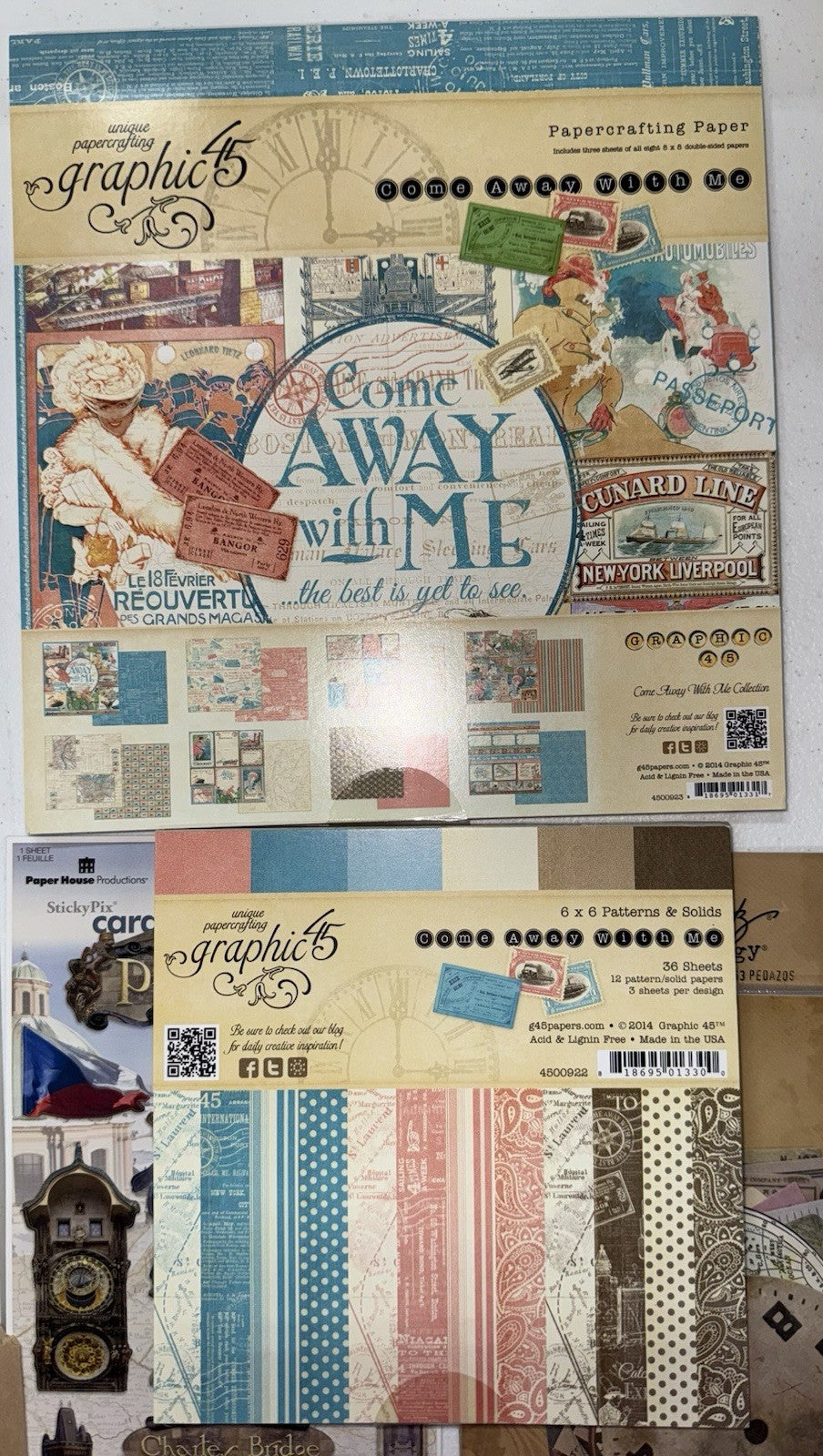 RARE 2014 Graphic 45 Come Away with Me 8x8 & 6x6 Travel Scrapbook Kit Tim Holtz
